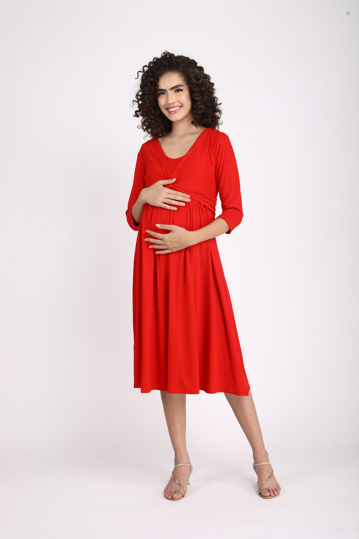 Sizzling Hot Red Maternity Knot Dress + Jacket (2pc) momzjoy.com