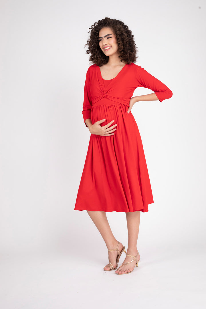 Sizzling Hot Red Maternity Knot Dress + Jacket (2pc) momzjoy.com