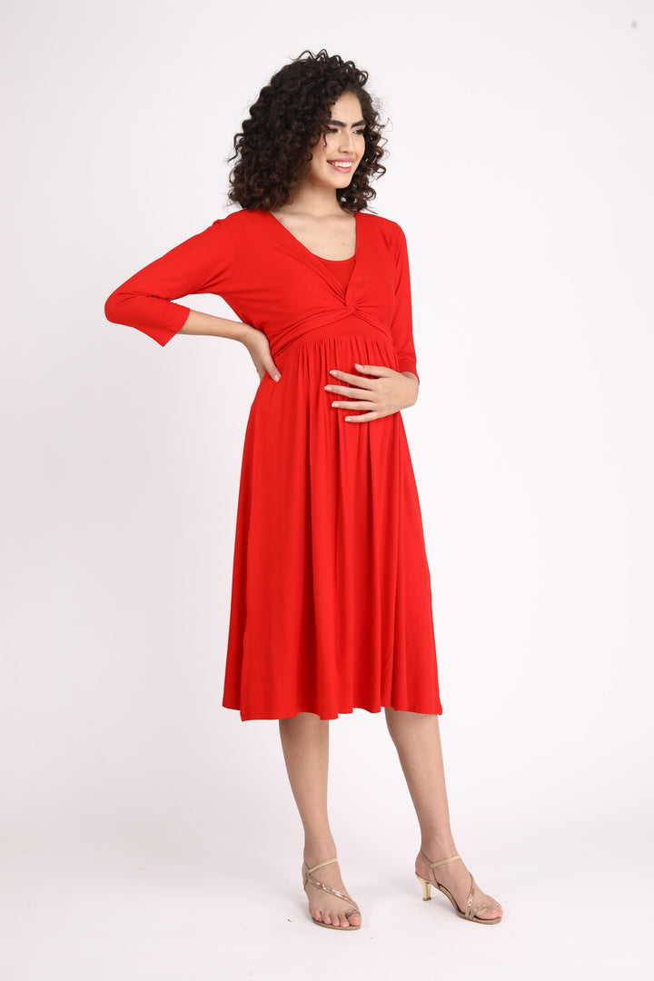 Sizzling Hot Red Maternity Knot Dress + Jacket (2pc) momzjoy.com