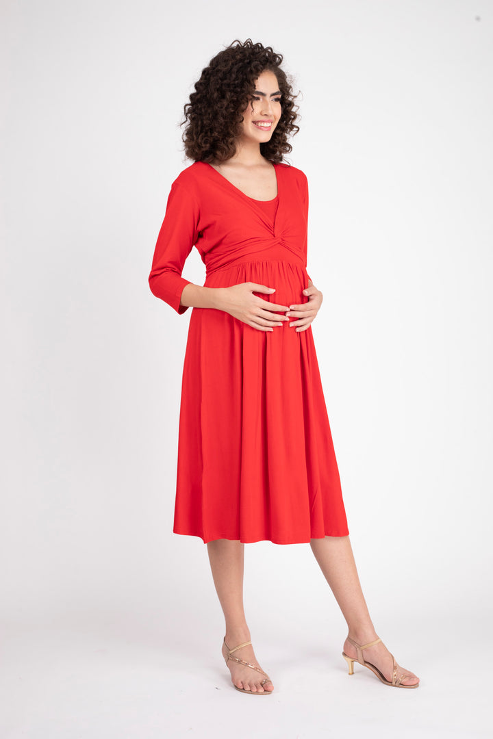 Sizzling Hot Red Maternity Knot Dress + Jacket (2pc) momzjoy.com