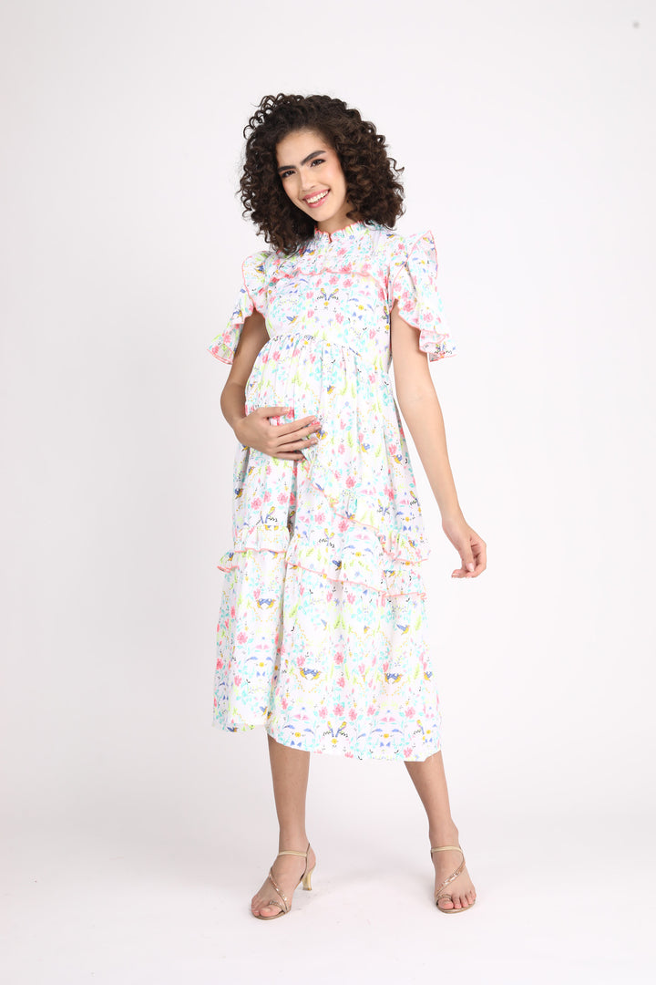 Eden Tropical Maternity & Nursing Frill Dress momzjoy.com