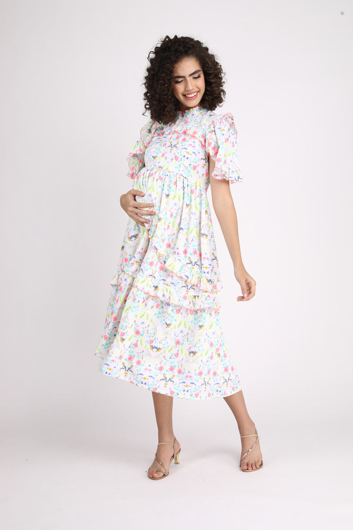 Eden Tropical Maternity & Nursing Frill Dress momzjoy.com