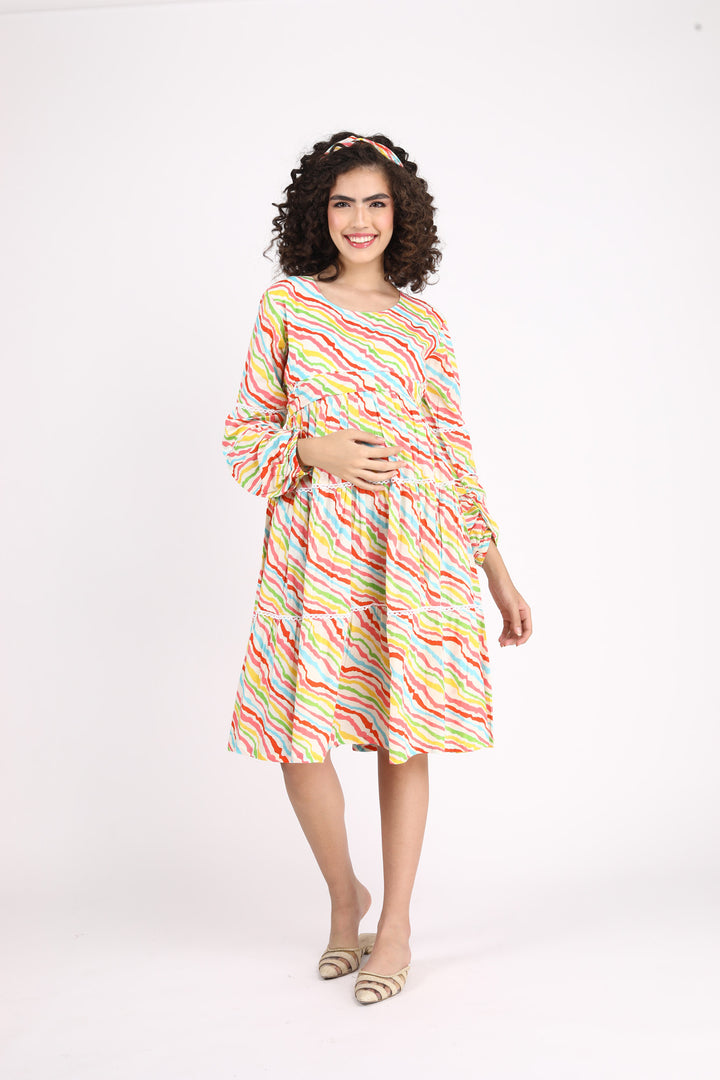 Jolly Yellow Maternity & Nursing Frill Dress (100% Cotton) MOMZJOY.COM