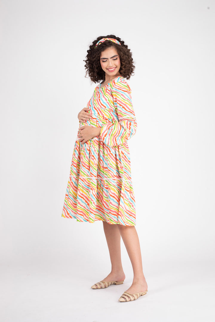 Jolly Yellow Maternity & Nursing Frill Dress (100% Cotton) MOMZJOY.COM