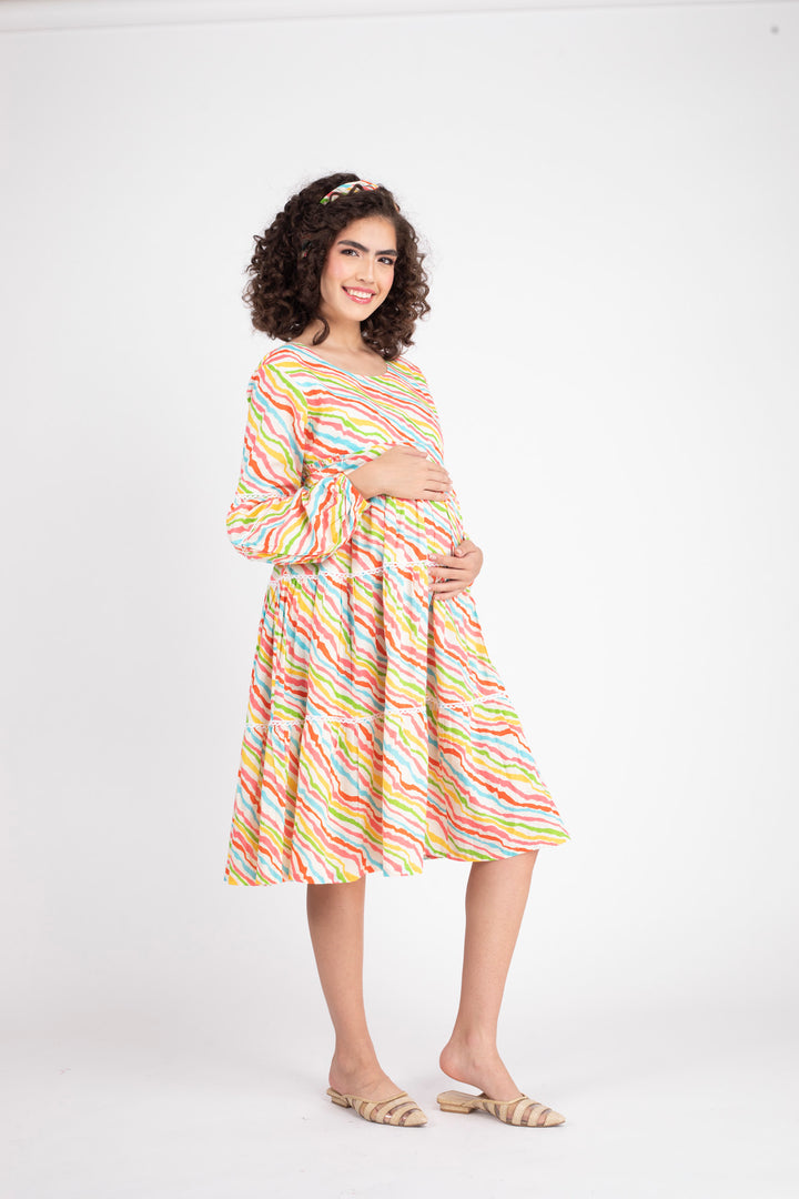 Jolly Yellow Maternity & Nursing Frill Dress (100% Cotton) MOMZJOY.COM