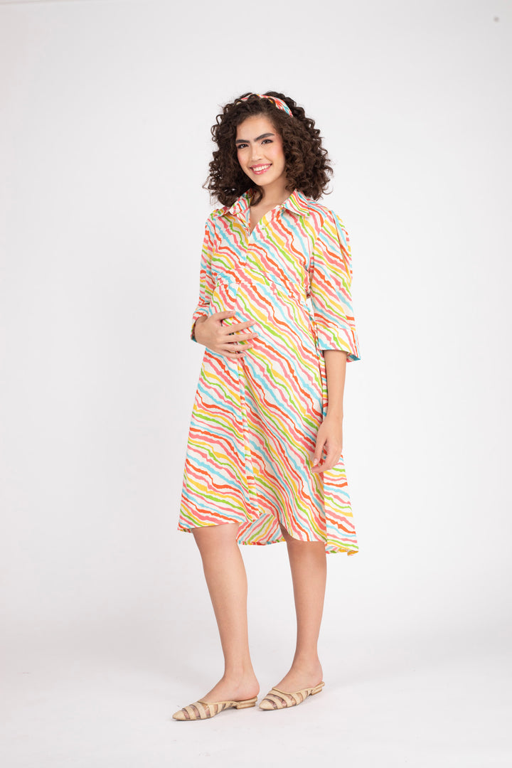 Rainbow Striped Maternity & Nursing Knee Shirt Dress (100% Cotton) momzjoy.com