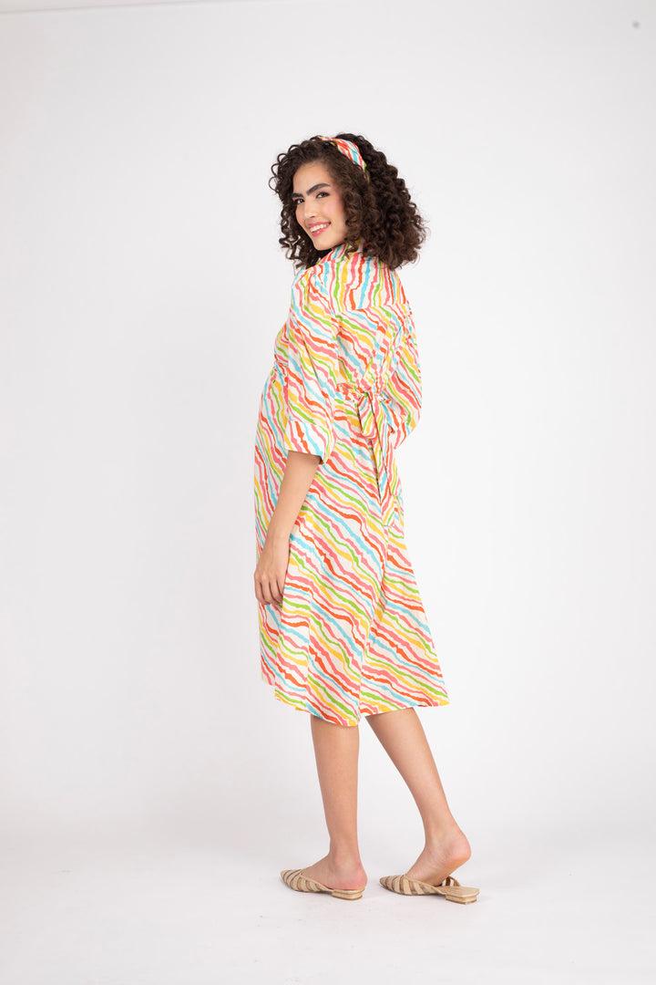 Rainbow Striped Maternity & Nursing Knee Shirt Dress (100% Cotton) momzjoy.com