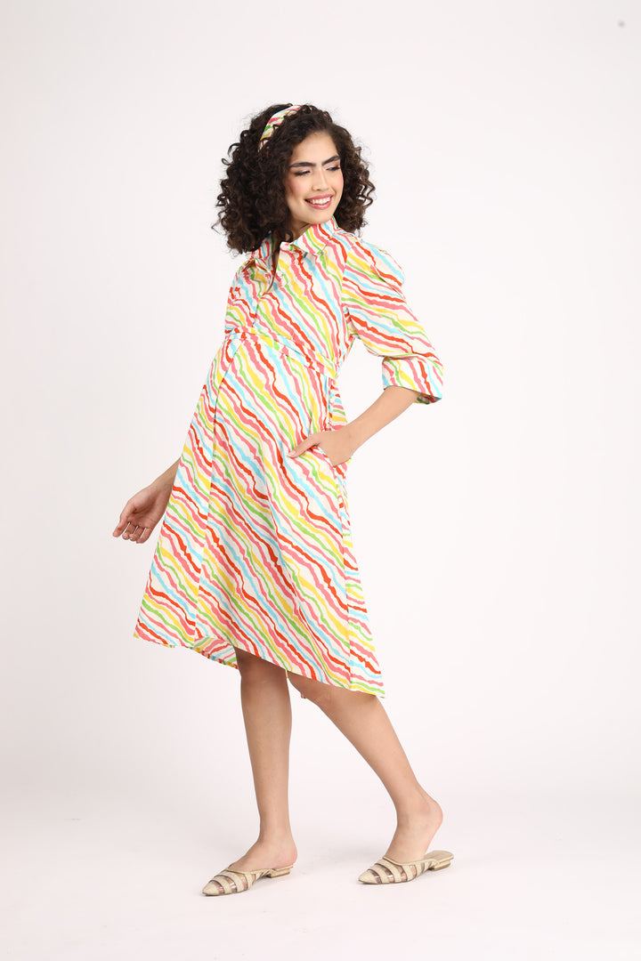 Rainbow Striped Maternity & Nursing Knee Shirt Dress (100% Cotton) momzjoy.com