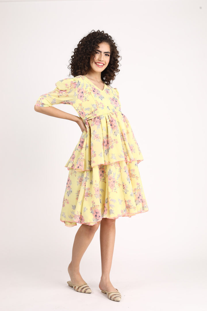 Paradise Corn Yellow Maternity & Nursing Layered Dress MOMZJOY.COM