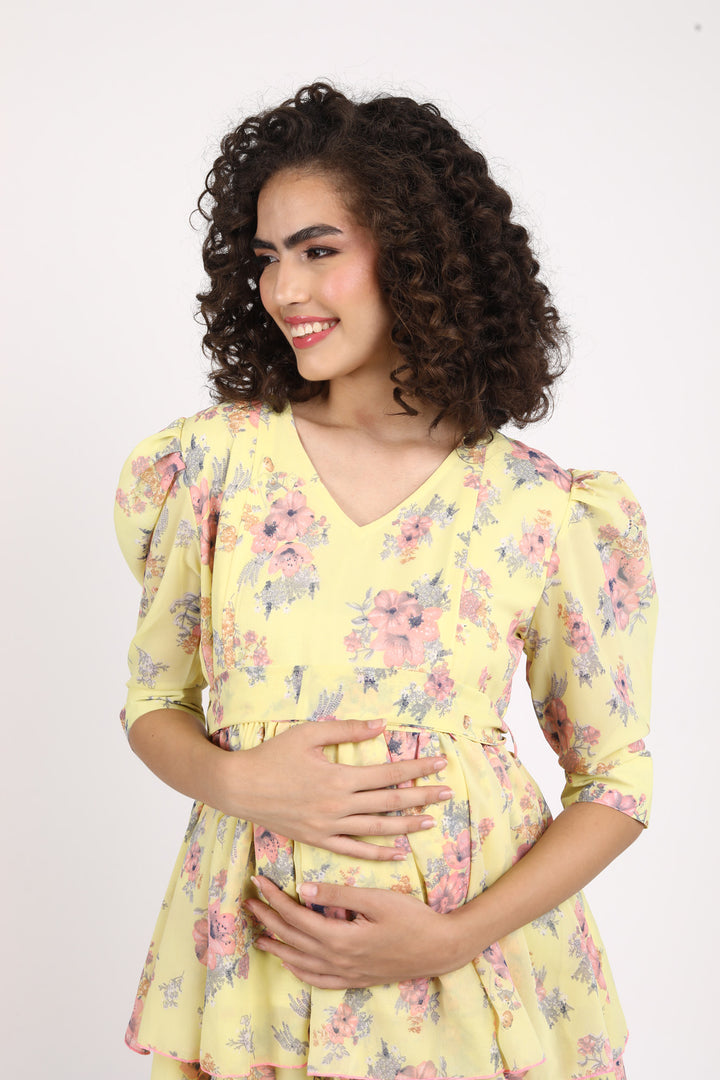 Paradise Corn Yellow Maternity & Nursing Layered Dress MOMZJOY.COM