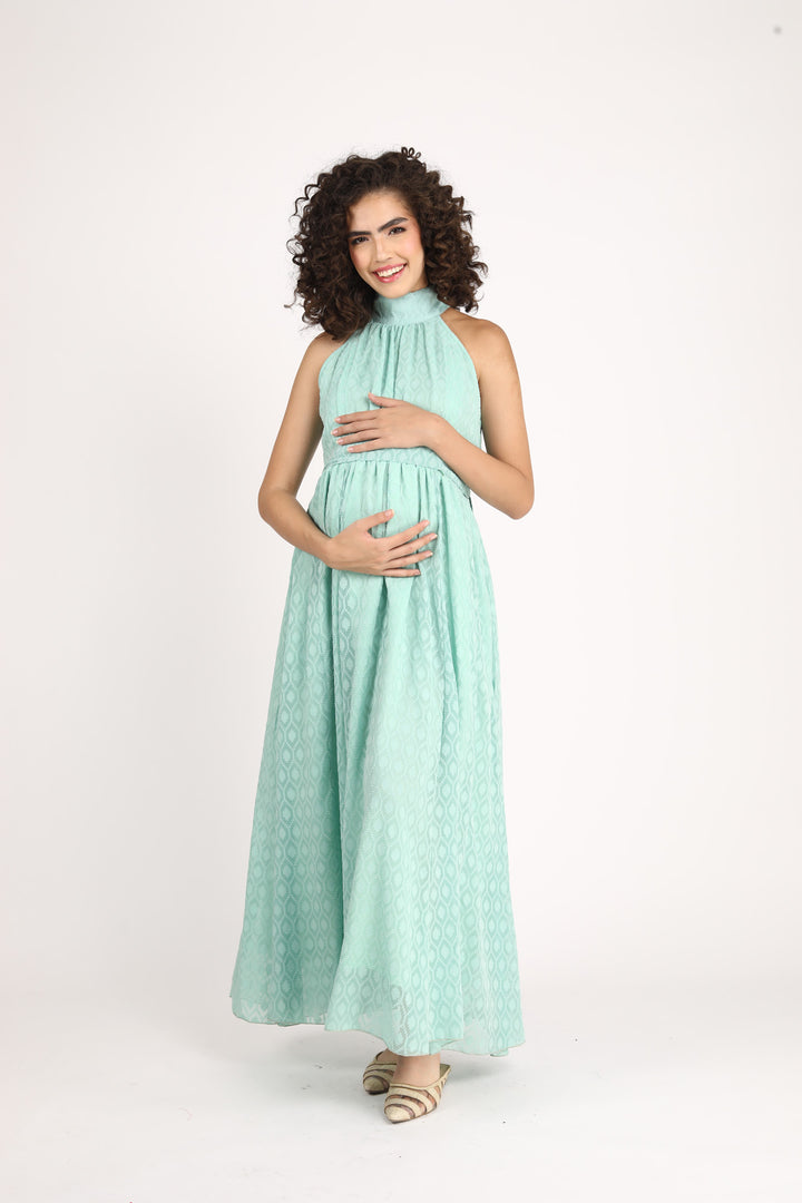 Adorable Turquoise Maternity & Nursing Gathered Dress MOMZJOY.COM