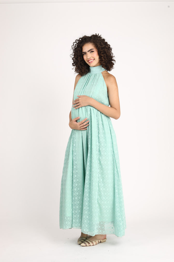 Adorable Turquoise Maternity & Nursing Gathered Dress MOMZJOY.COM