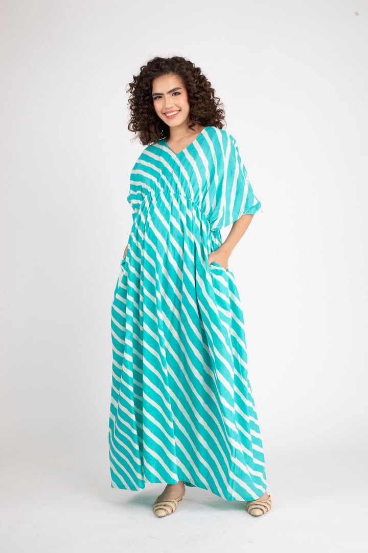 Teal Green Striped Maternity Kaftan Dress (100% Cotton) momzjoy.com