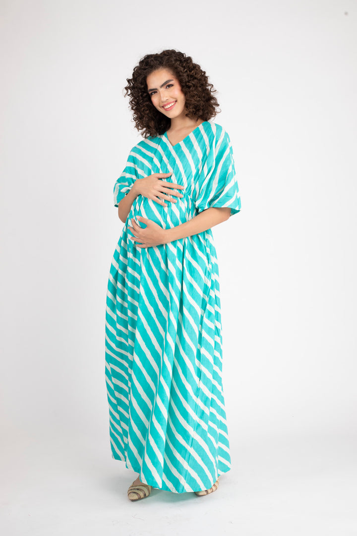 Teal Green Striped Maternity Kaftan Dress (100% Cotton) momzjoy.com