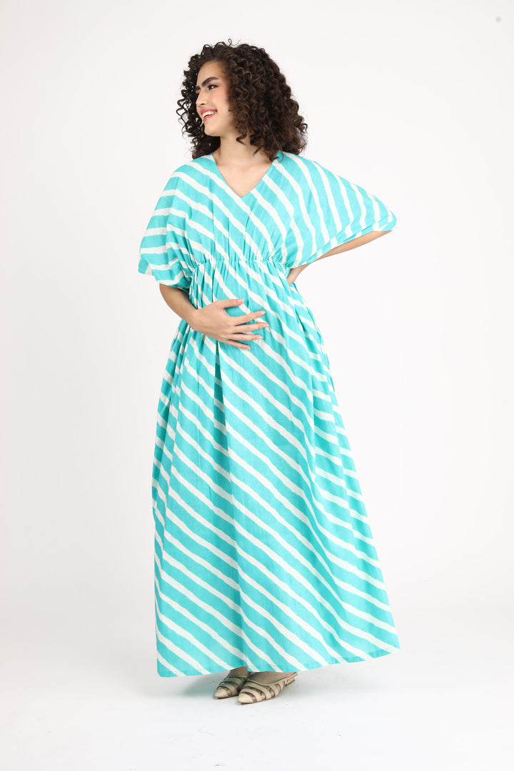 Teal Green Striped Maternity Kaftan Dress (100% Cotton) momzjoy.com