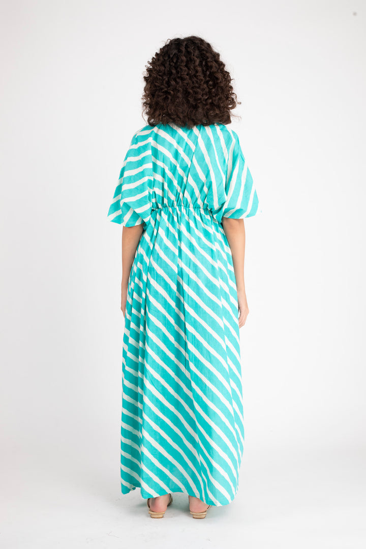 Teal Green Striped Maternity Kaftan Dress (100% Cotton) momzjoy.com