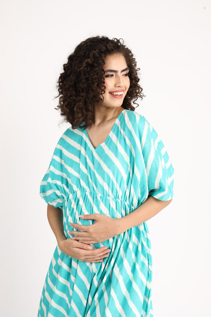 Teal Green Striped Maternity Kaftan Dress (100% Cotton) momzjoy.com