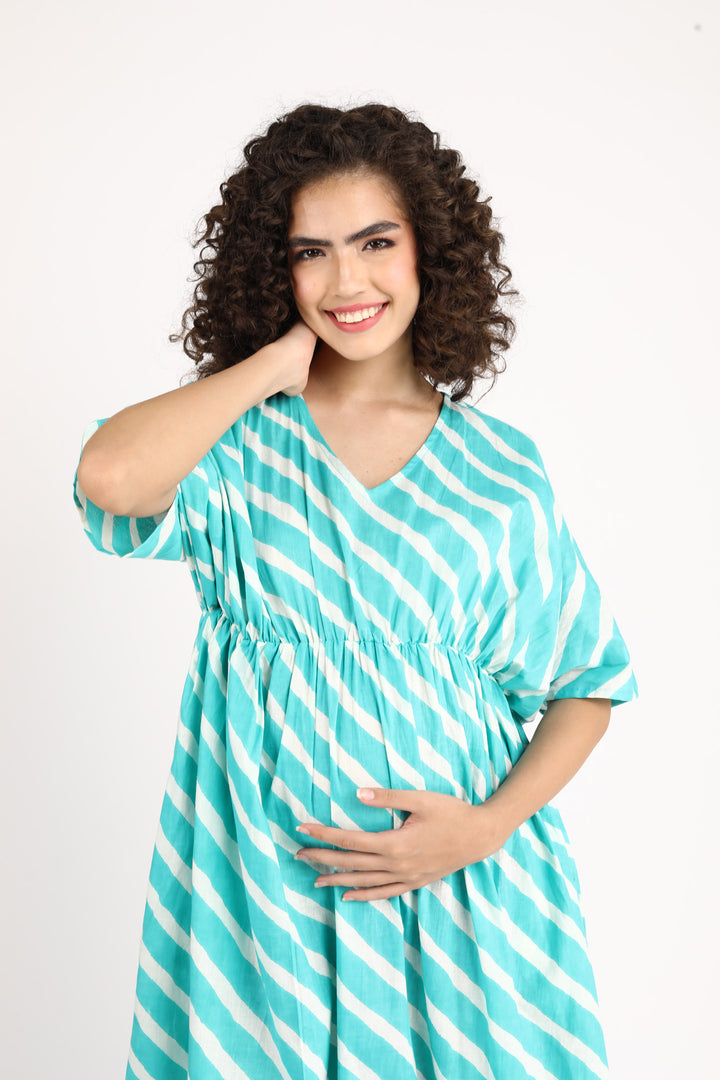 Teal Green Striped Maternity Kaftan Dress (100% Cotton) momzjoy.com