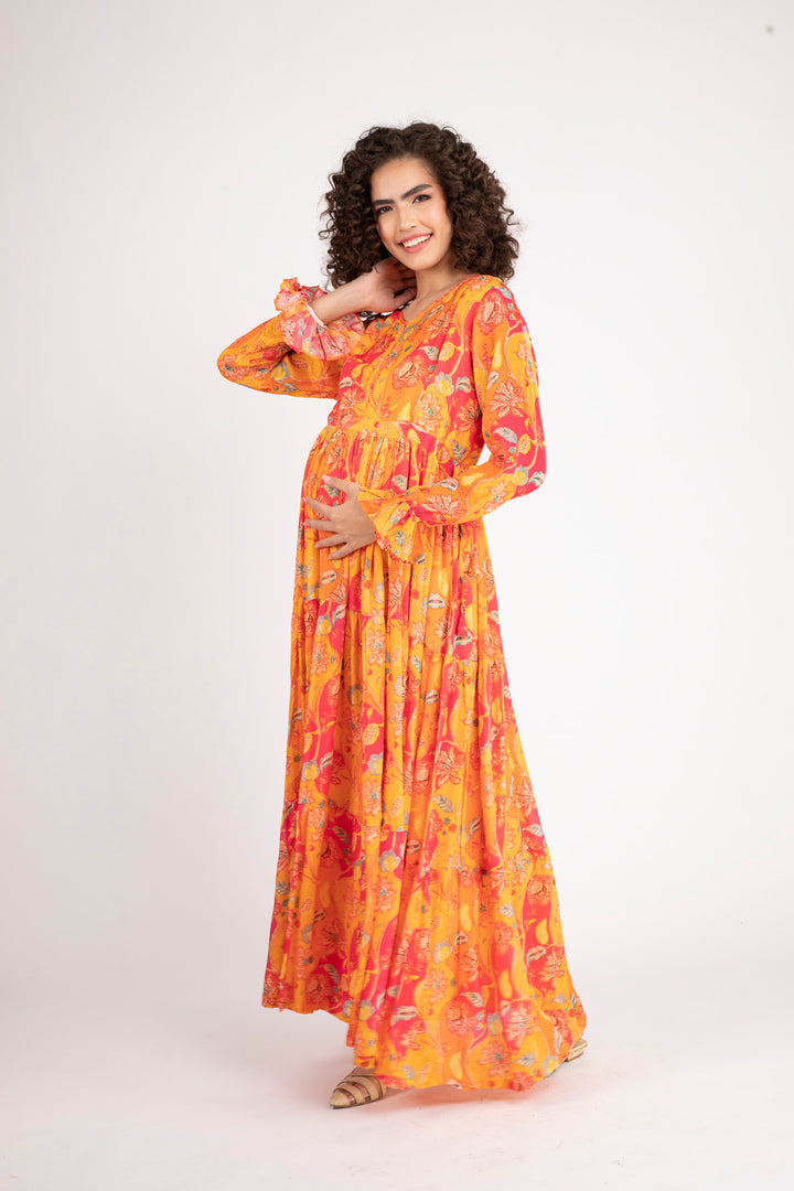 Pumpkin Red Maternity & Nursing Layer Dress MOMZJOY.COM