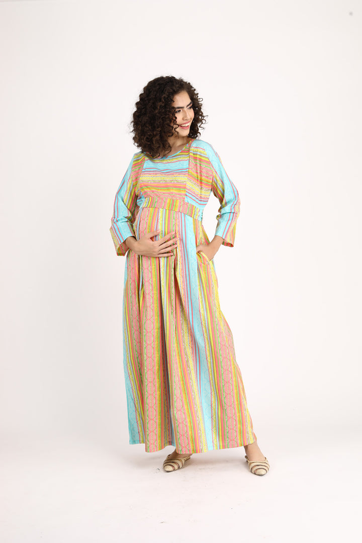 Colorful Pink Maternity & Nursing Maxi Dress (100% Cotton) momzjoy.com