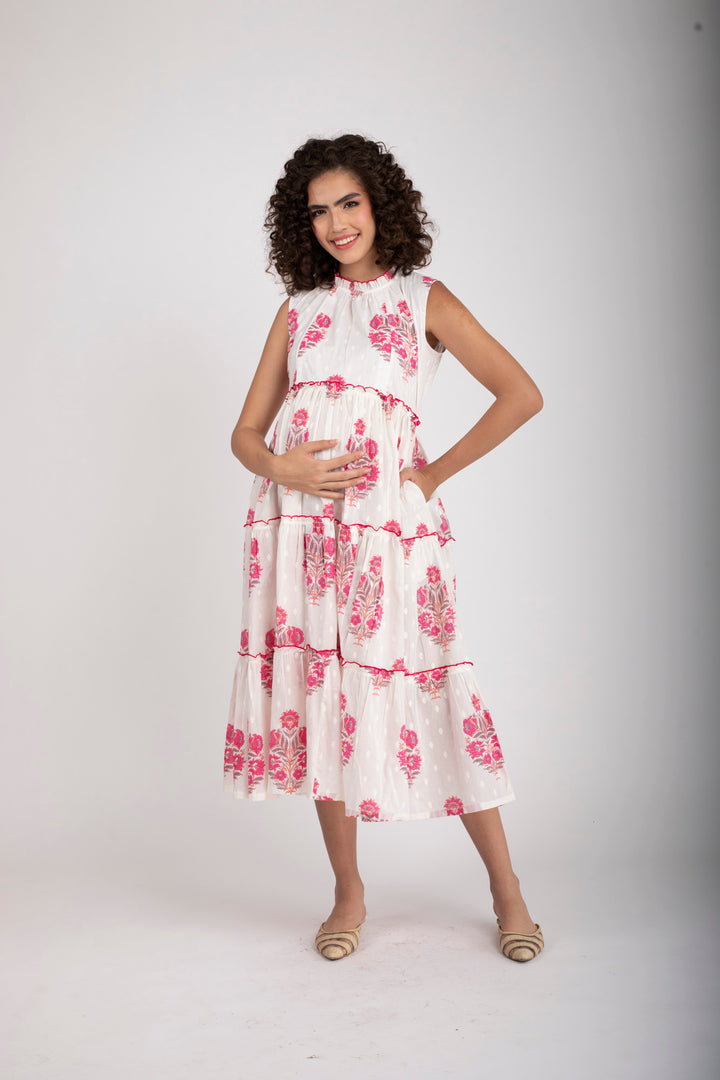 Snowy White Maternity & Nursing Frill Dress (100% Cotton) momzjoy.com