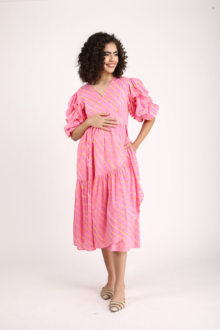 Bubblegum Pink Maternity & Nursing Frill Wrap Dress (100% Cotton) momzjoy.com