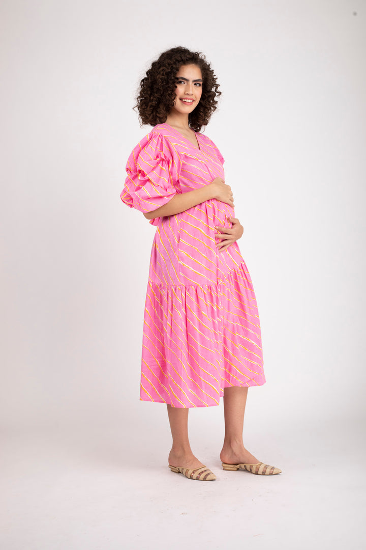 Bubblegum Pink Maternity & Nursing Frill Wrap Dress (100% Cotton) momzjoy.com