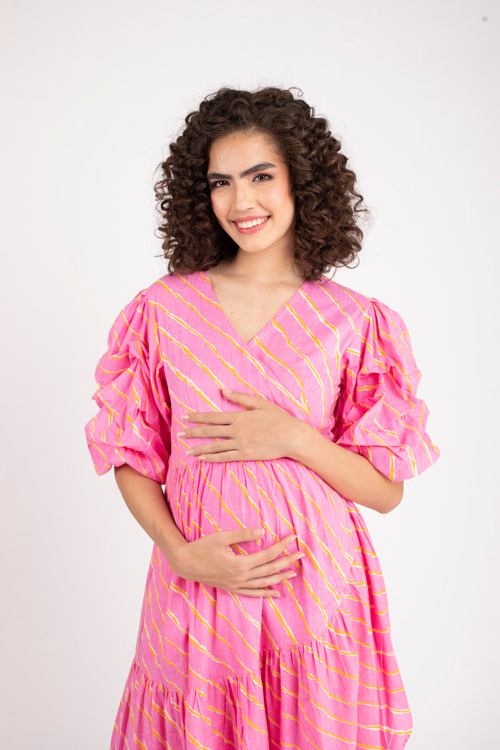 Bubblegum Pink Maternity & Nursing Frill Wrap Dress (100% Cotton) momzjoy.com