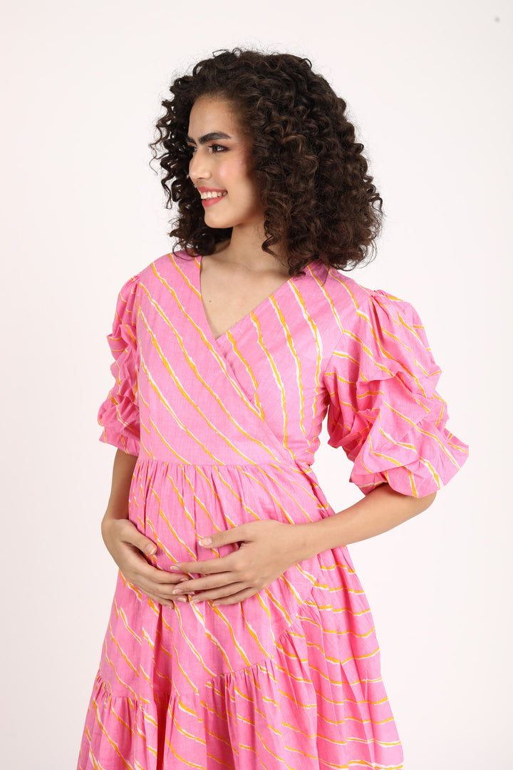 Bubblegum Pink Maternity & Nursing Frill Wrap Dress (100% Cotton) momzjoy.com