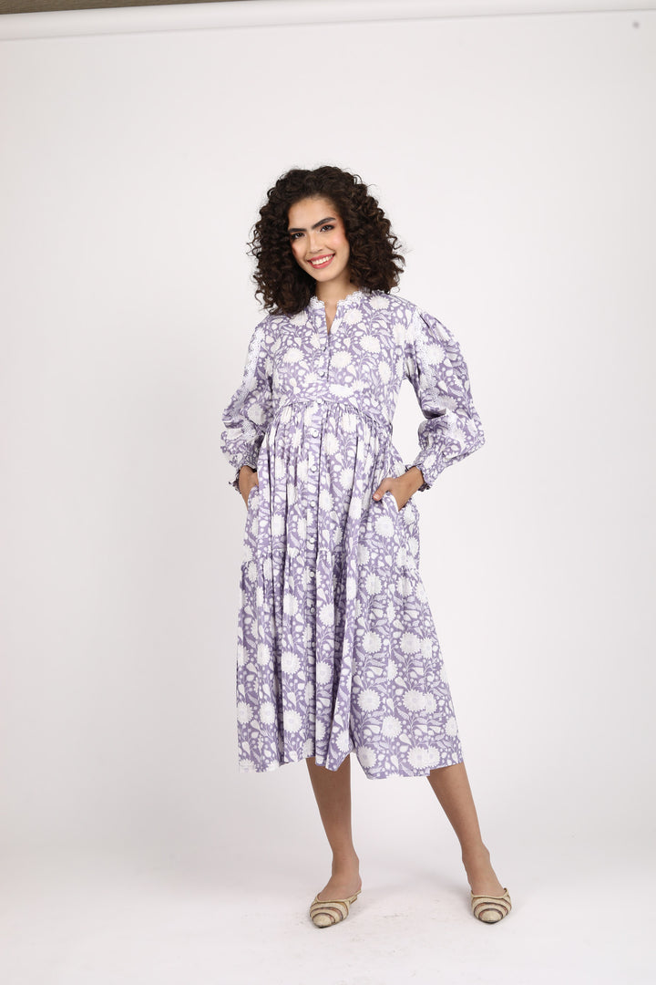 Dewberry Floral Maternity & Nursing Gathered Dress (100% Cotton) momzjoy.com