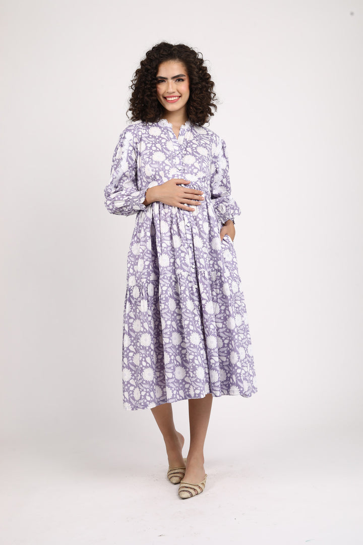 Dewberry Floral Maternity & Nursing Gathered Dress (100% Cotton) momzjoy.com