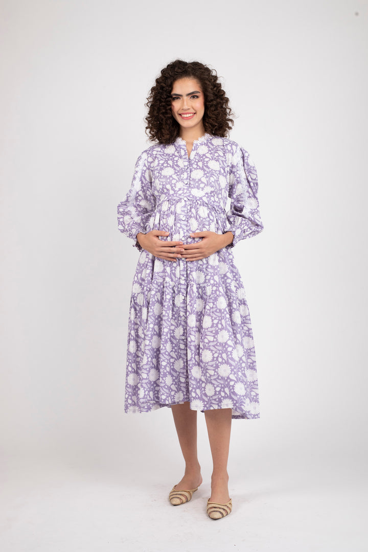 Dewberry Floral Maternity & Nursing Gathered Dress (100% Cotton) momzjoy.com