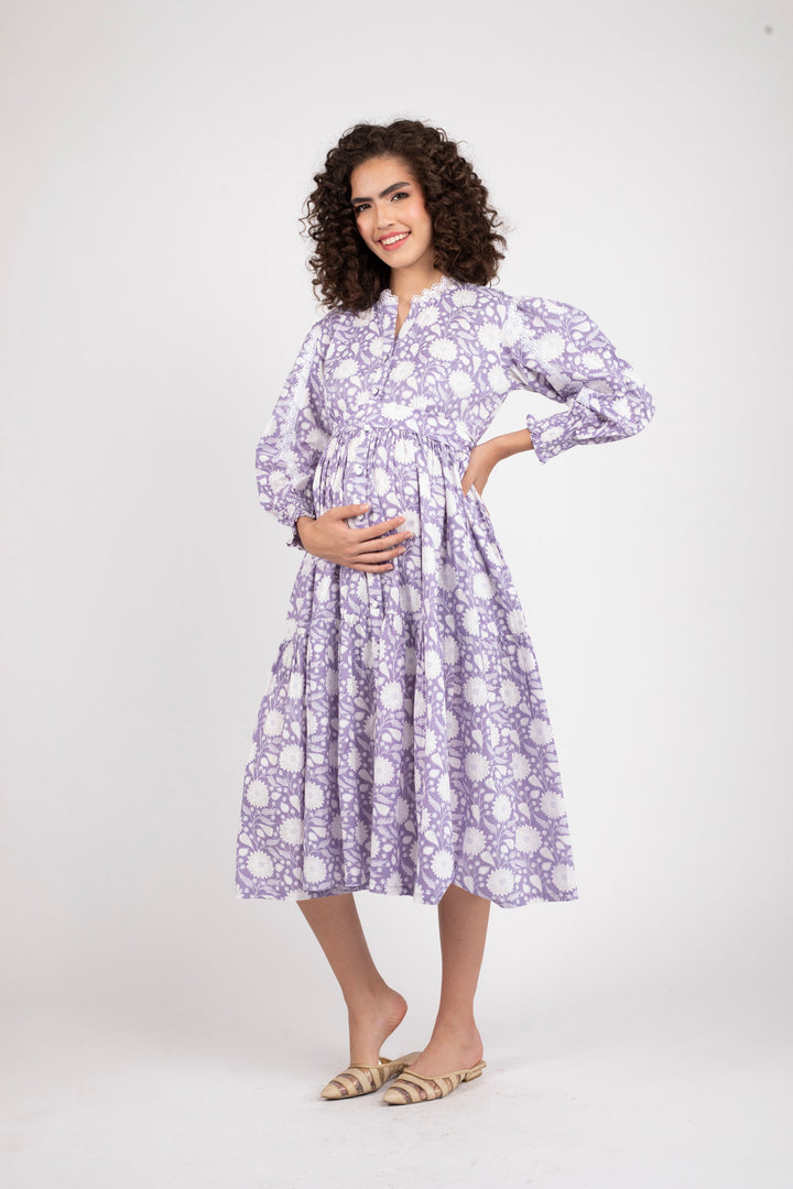 Dewberry Floral Maternity & Nursing Gathered Dress (100% Cotton) momzjoy.com