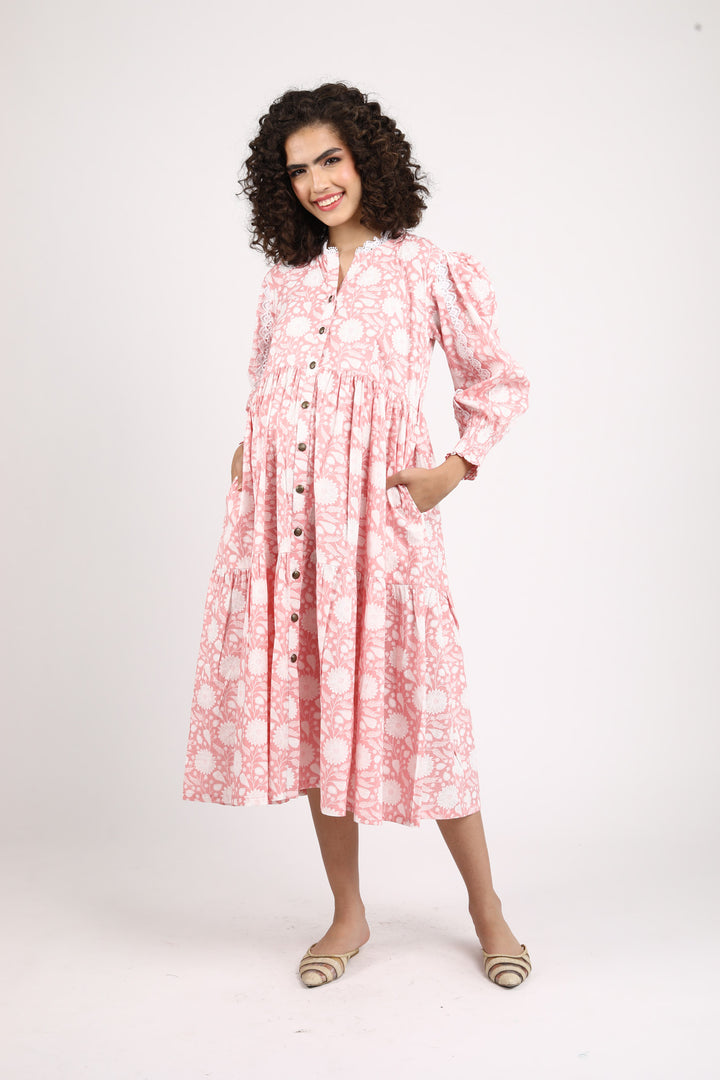 Dusty Flamingo Maternity & Nursing Gathered Dress (100% Cotton) momzjoy.com