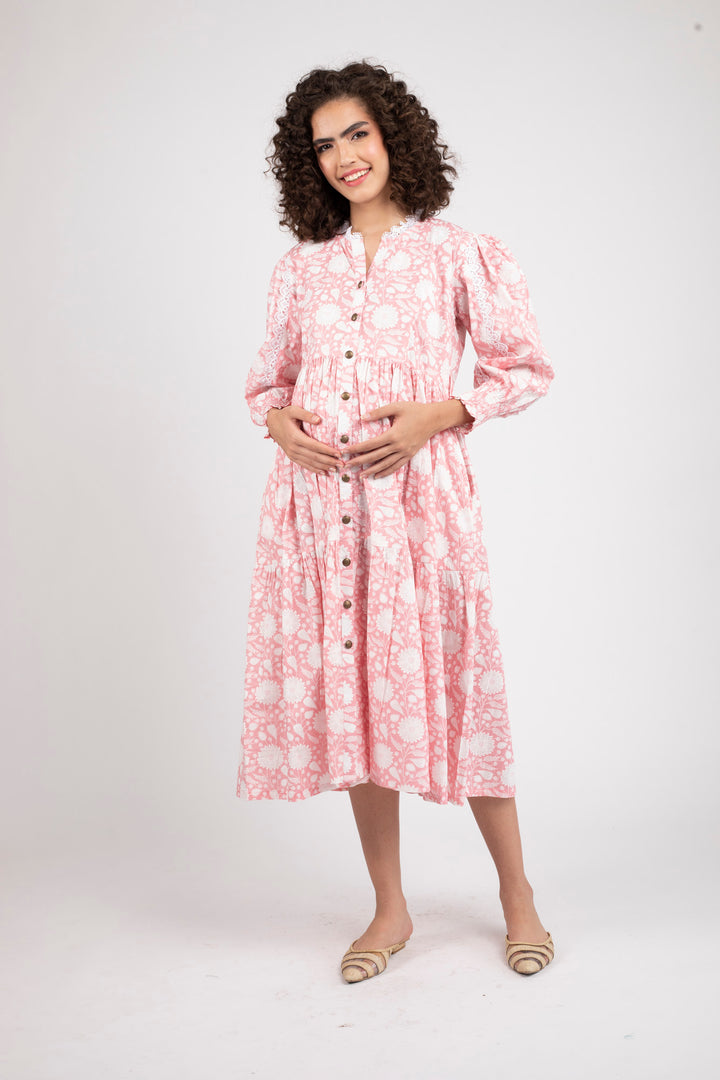 Dusty Flamingo Maternity & Nursing Gathered Dress (100% Cotton) momzjoy.com