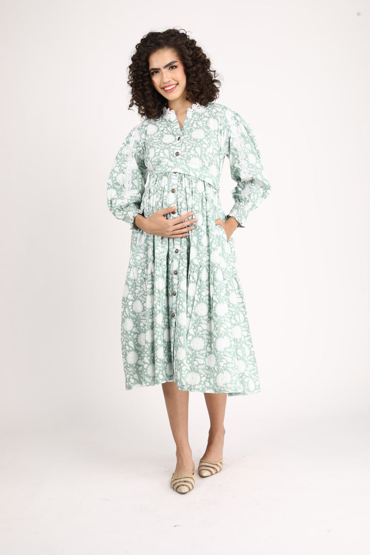 Seafoam Maternity & Nursing Gathered Dress (100% Cotton) momzjoy.com