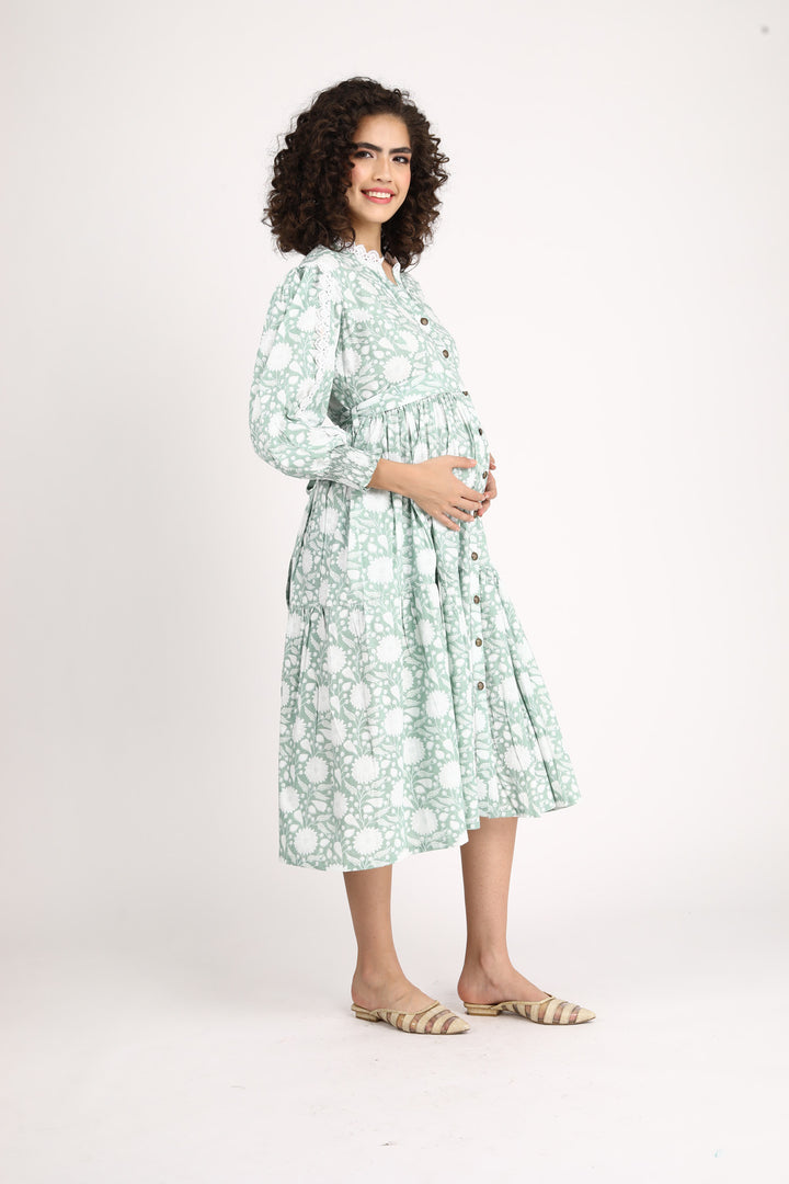 Seafoam Maternity & Nursing Gathered Dress (100% Cotton) momzjoy.com