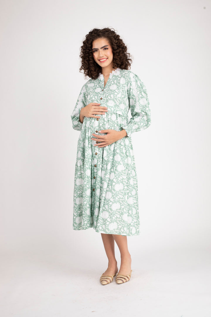 Seafoam Maternity & Nursing Gathered Dress (100% Cotton) momzjoy.com