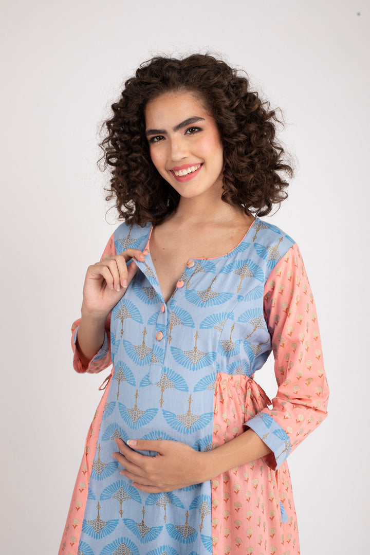 Ice Blue Gold Peach Maternity & Nursing Side Tie Kurta Dress (100% Cotton) momzjoy.com