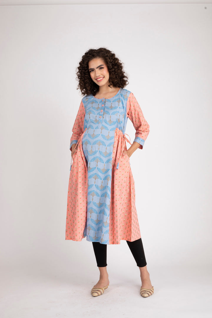 Ice Blue Gold Peach Maternity & Nursing Side Tie Kurta Dress (100% Cotton) momzjoy.com