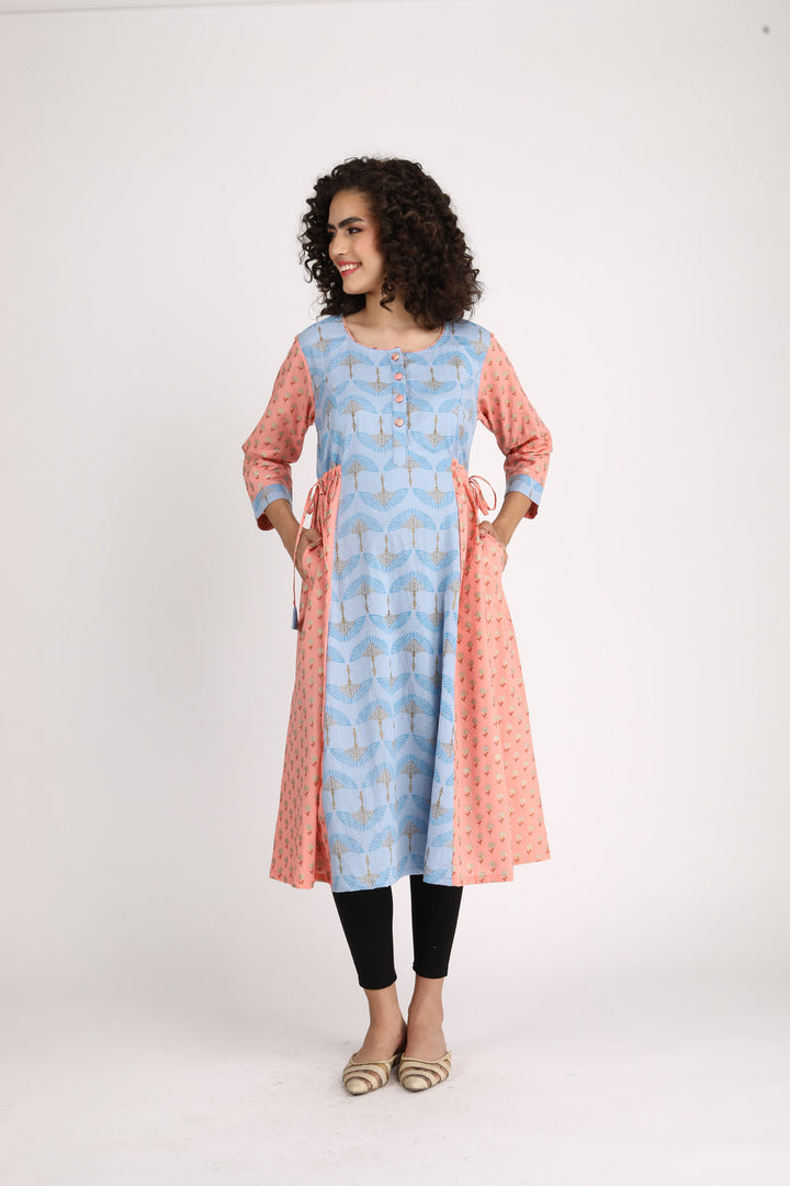 Ice Blue Gold Peach Maternity & Nursing Side Tie Kurta Dress (100% Cotton) momzjoy.com