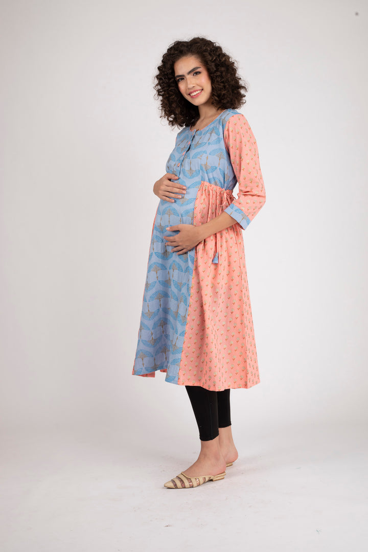 Ice Blue Gold Peach Maternity & Nursing Side Tie Kurta Dress (100% Cotton) momzjoy.com