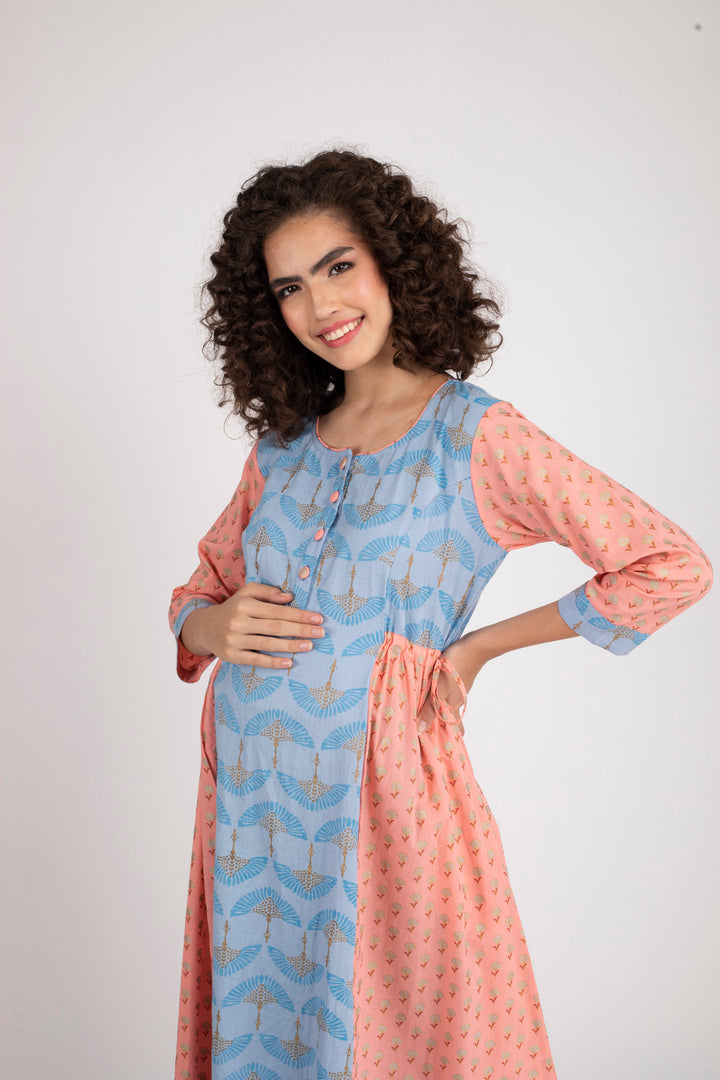 Ice Blue Gold Peach Maternity & Nursing Side Tie Kurta Dress (100% Cotton) momzjoy.com