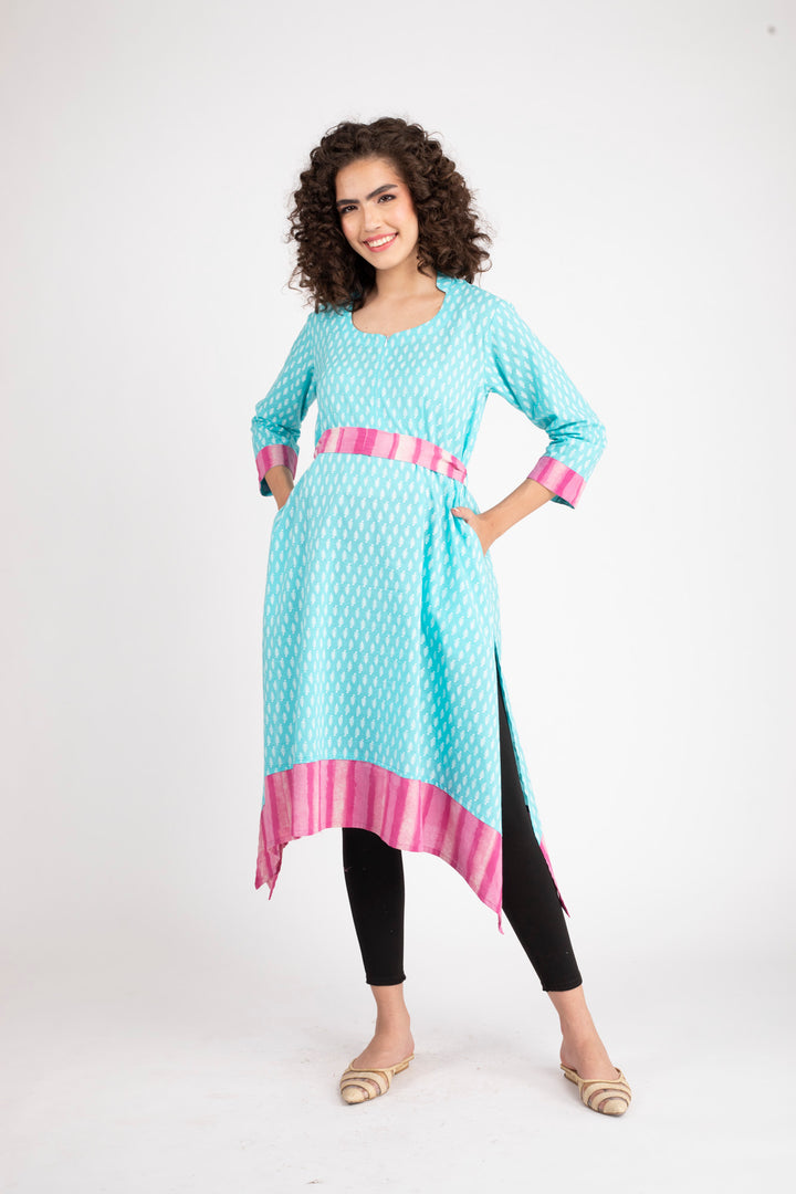 Turquoise Front Zip Nursing Kurta (100% Cotton) MOMZJOY.COM