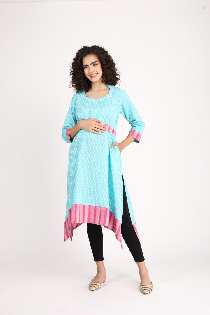 Turquoise Front Zip Nursing Kurta (100% Cotton) MOMZJOY.COM