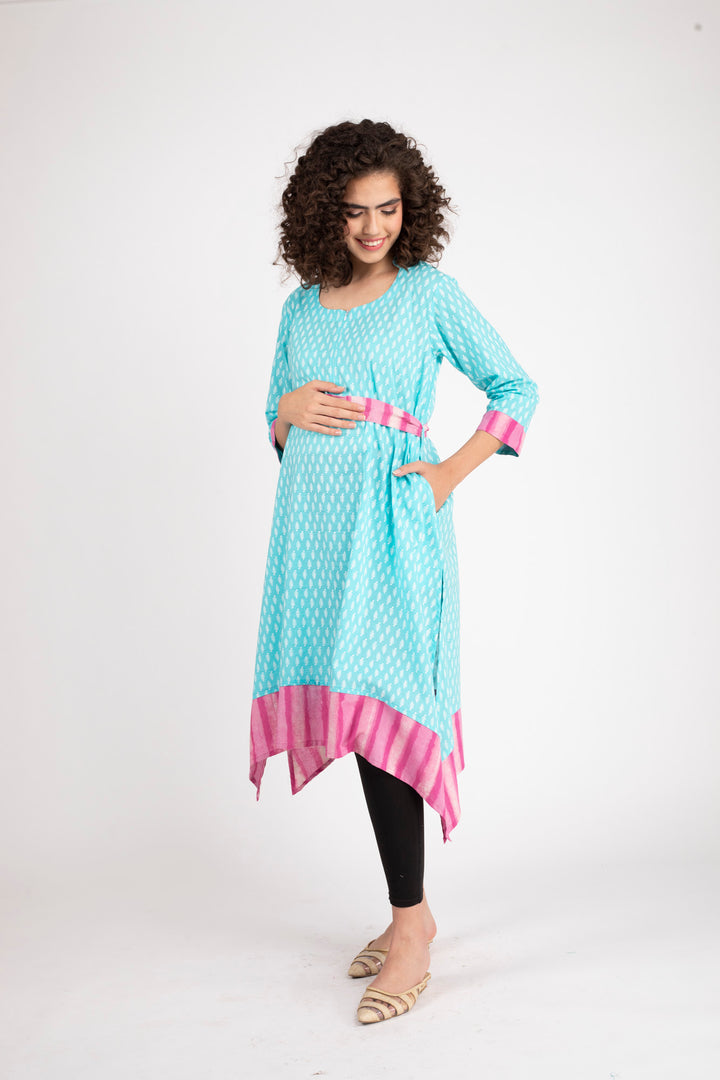 Turquoise Front Zip Nursing Kurta (100% Cotton) MOMZJOY.COM