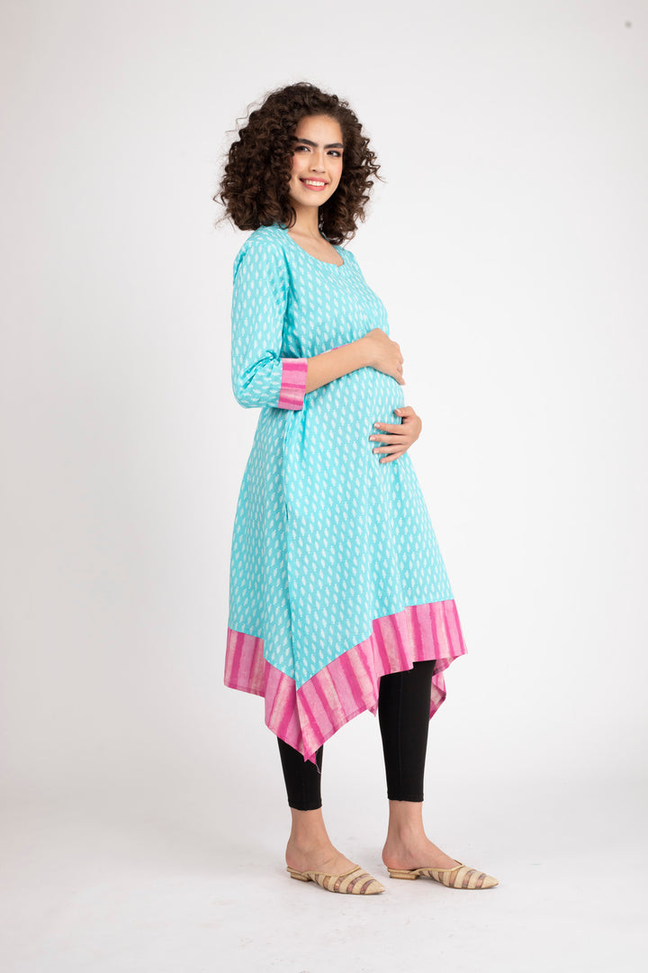 Turquoise Front Zip Nursing Kurta (100% Cotton) MOMZJOY.COM