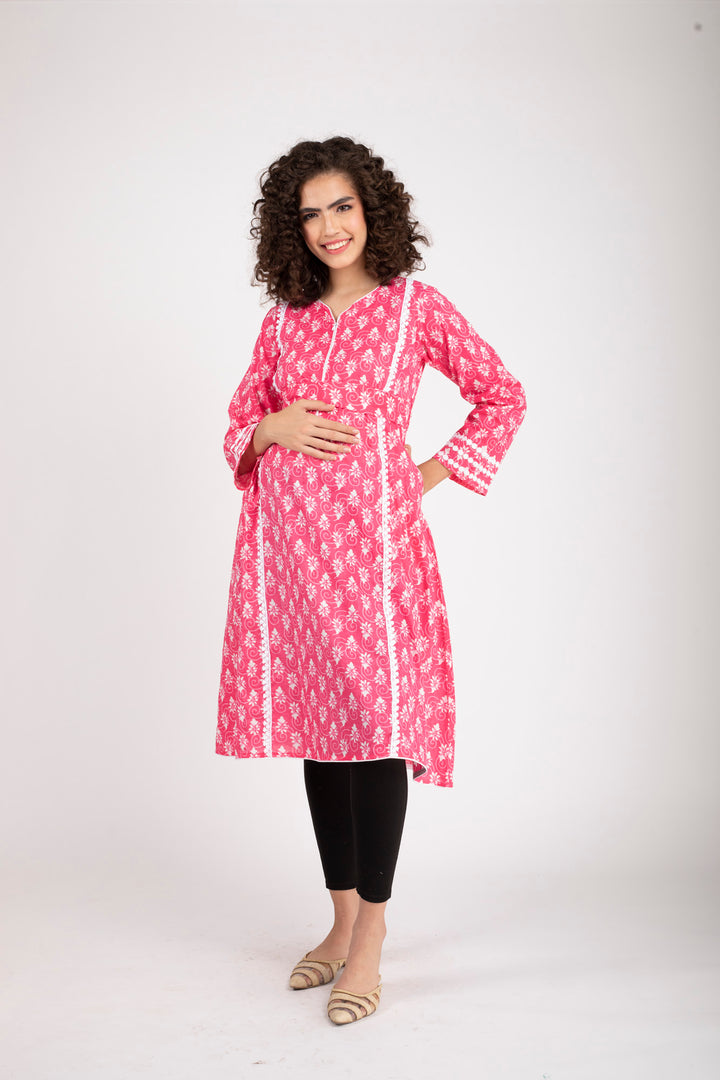 Blossom Pink Maternity & Nursing Kurta (100% Cotton) momzjoy.com