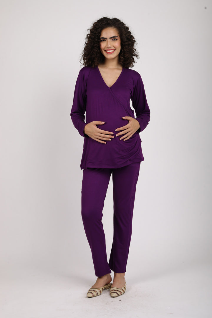 247 Comfy Purple Wrap Maternity Athleisure Set momzjoy.com