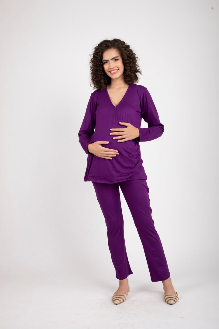 247 Comfy Purple Wrap Maternity Athleisure Set momzjoy.com